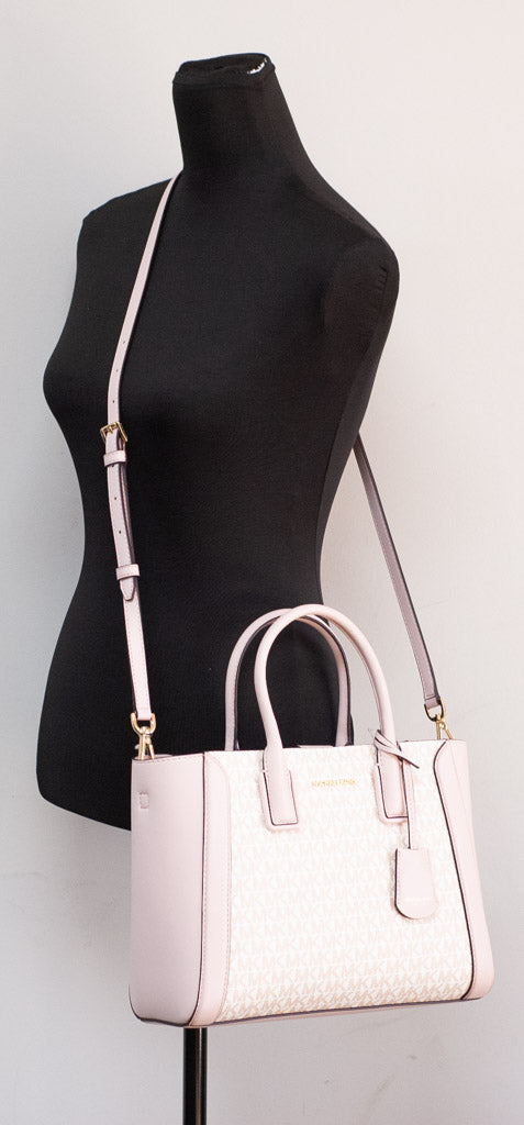 Michael Kors Kali Medium Optic White Rose Gold Signature PVC Satchel iPad Case Handbag