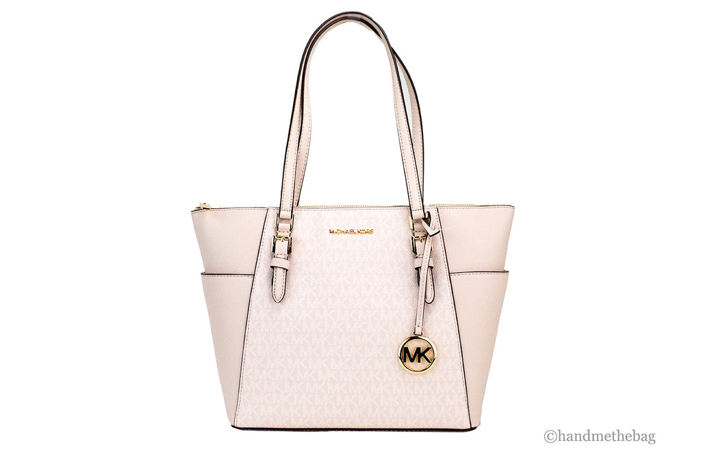 Michael Kors Charlotte Large Light Powder Blush Signature PVC Top Zip Tote Handbag