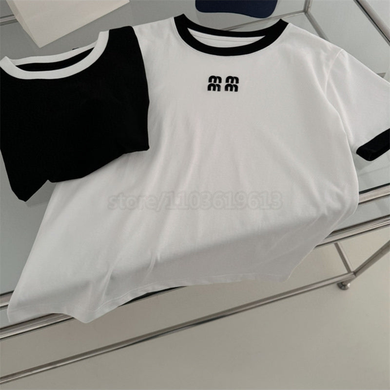 Women's White Embroidered Letter M T-Shirt 2024 SS