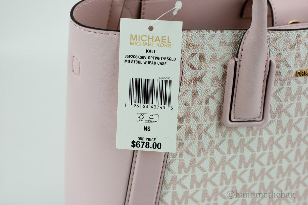 Michael Kors Kali Medium Optic White Rose Gold Signature PVC Satchel iPad Case Handbag