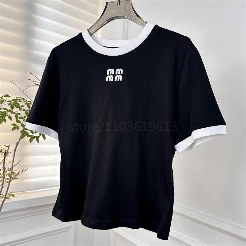 Women's White Embroidered Letter M T-Shirt 2024 SS