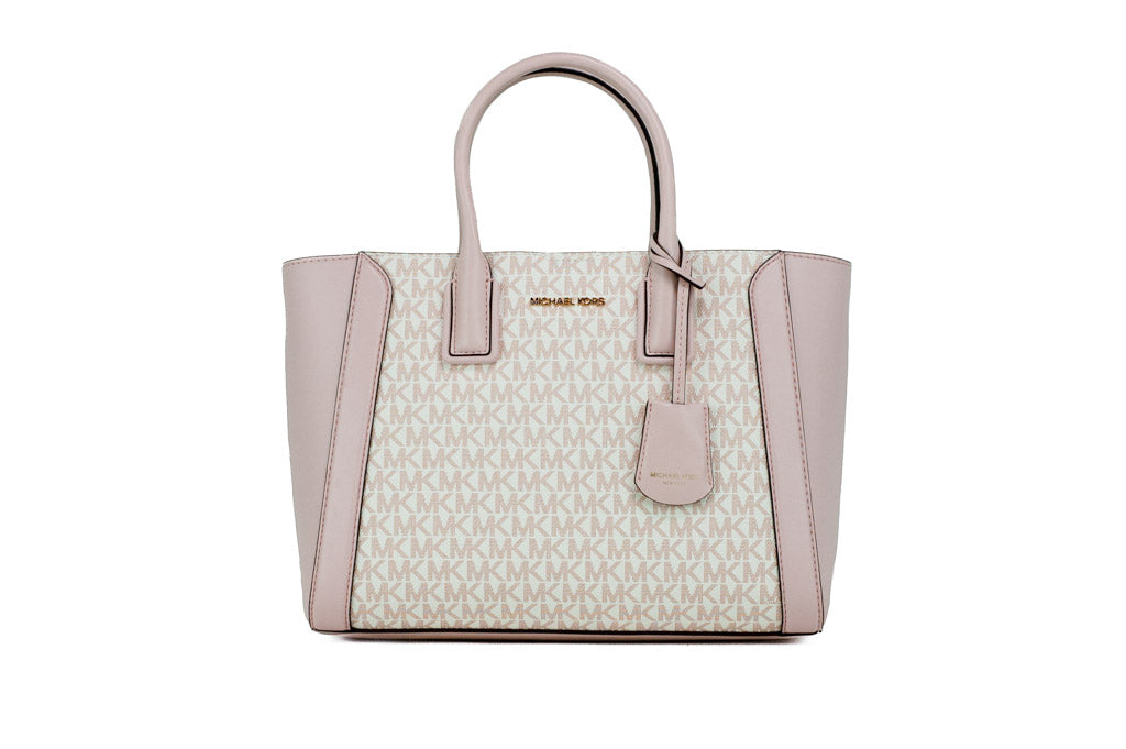 Michael Kors Kali Medium Optic White Rose Gold Signature PVC Satchel iPad Case Handbag