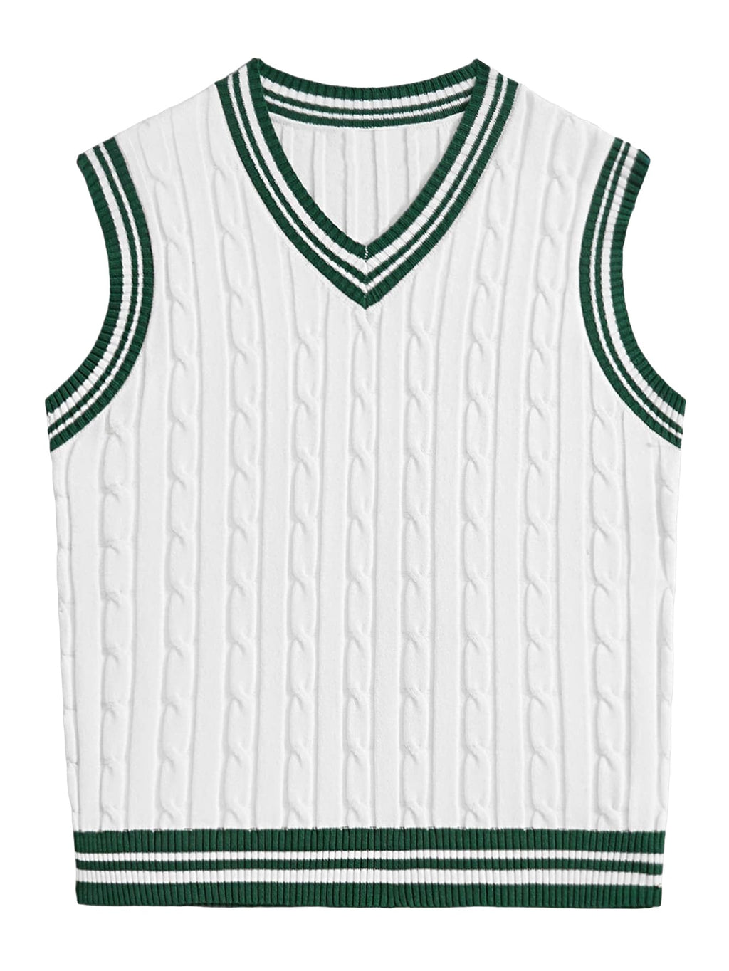GORGLITTER Mens Striped Cable Knit Sweater Vest Sleeveless V Neck Pullover Sweater Tops White X-Large