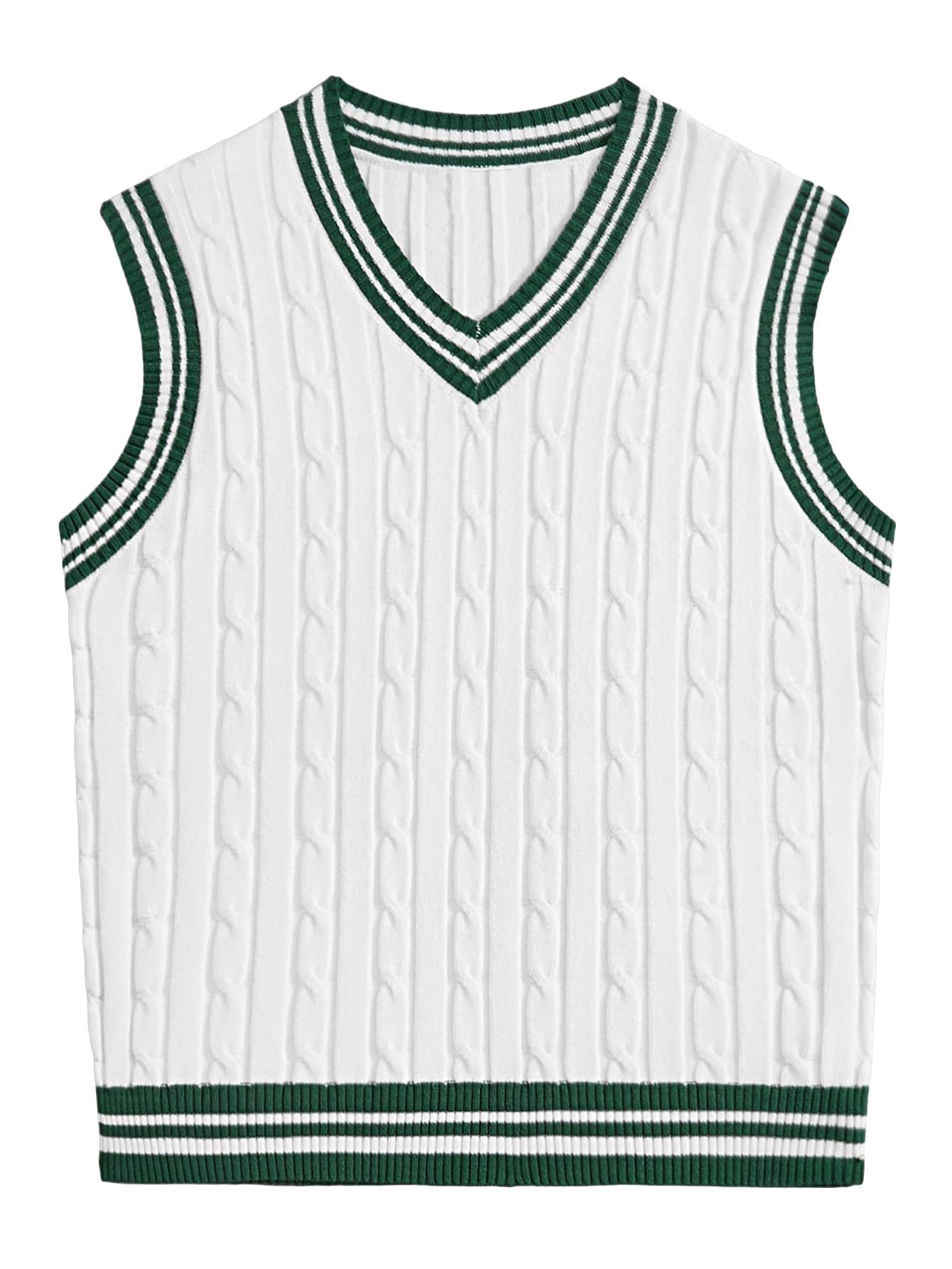 GORGLITTER Mens Striped Cable Knit Sweater Vest Sleeveless V Neck Pullover Sweater Tops White X-Large