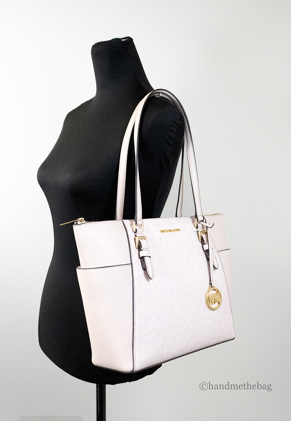 Michael Kors Charlotte Large Light Powder Blush Signature PVC Top Zip Tote Handbag