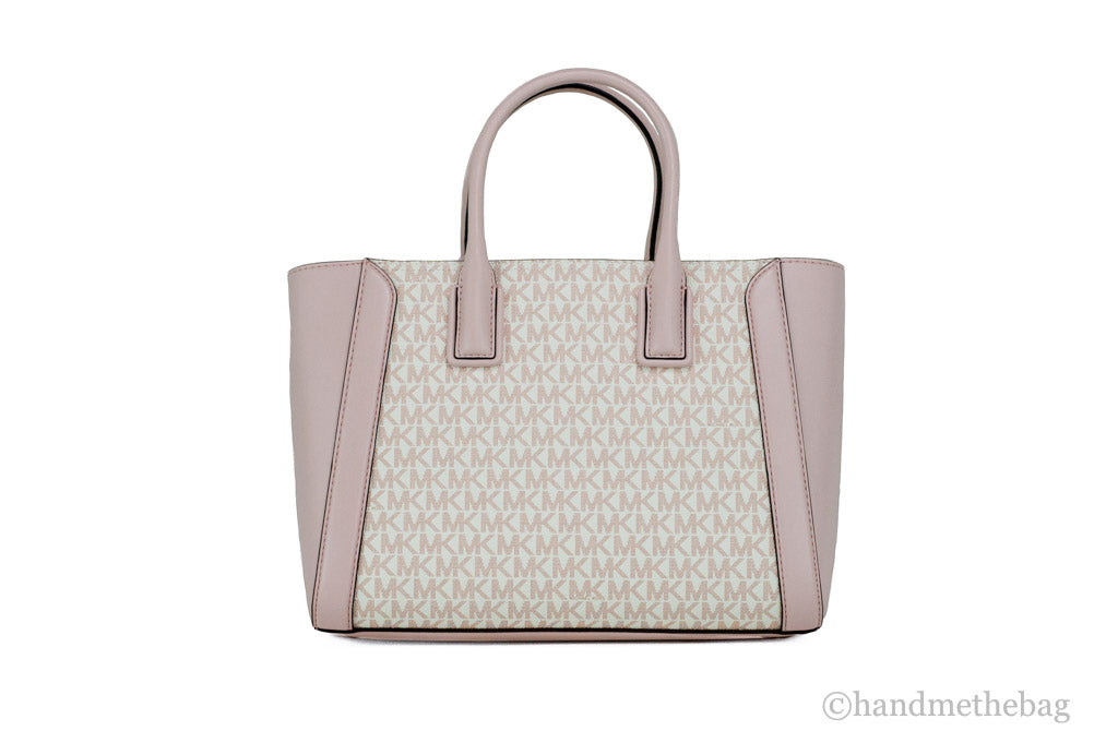 Michael Kors Kali Medium Optic White Rose Gold Signature PVC Satchel iPad Case Handbag