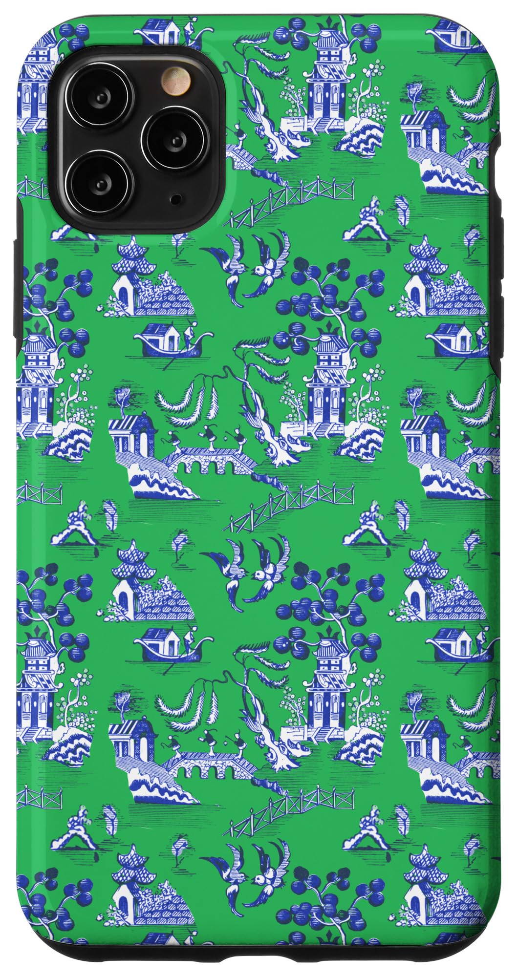 iPhone 11 Pro Max Preppy Blue and Green Willow Pattern Chinoiserie Toile Case