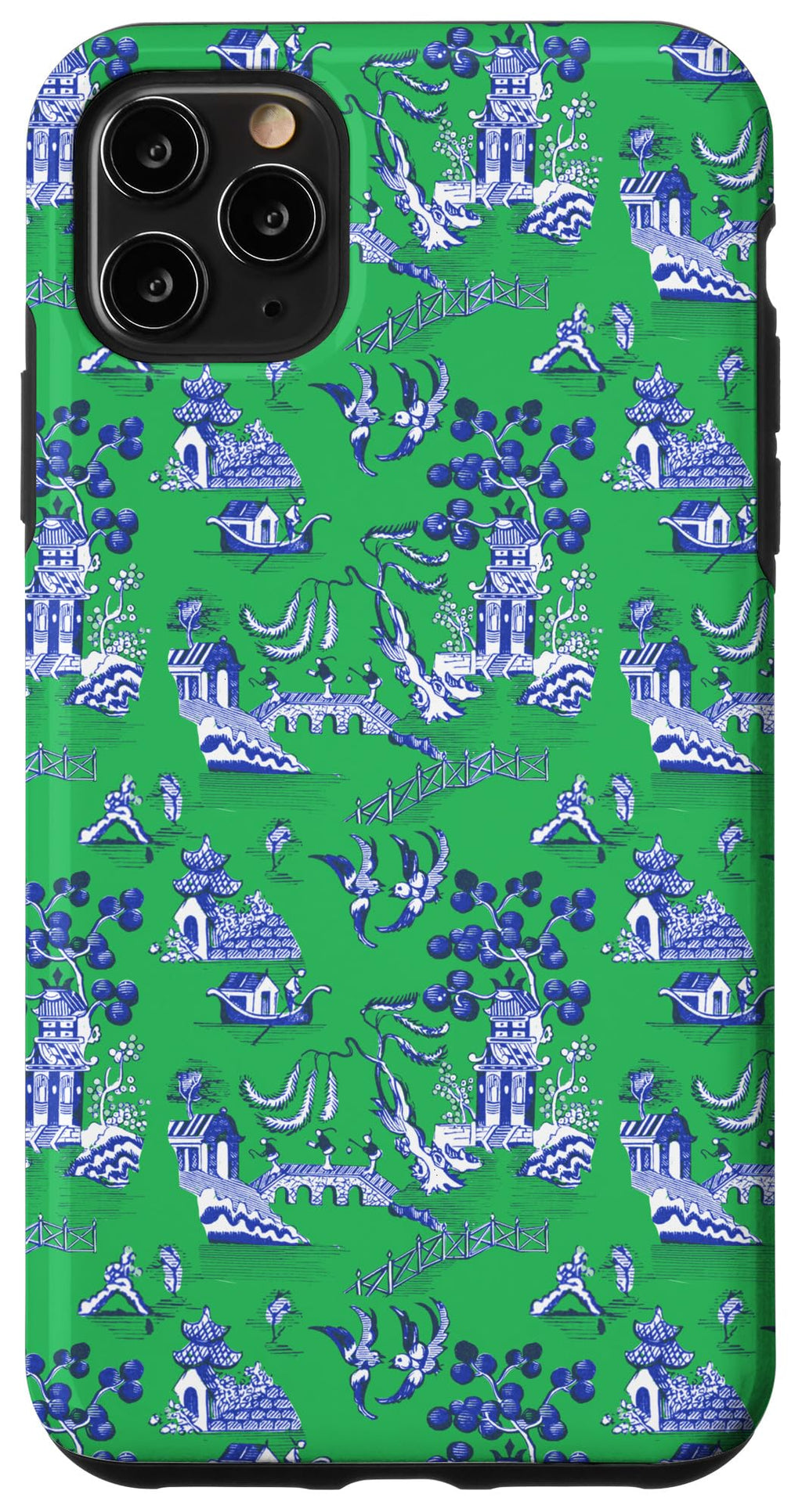 iPhone 11 Pro Max Preppy Blue and Green Willow Pattern Chinoiserie Toile Case