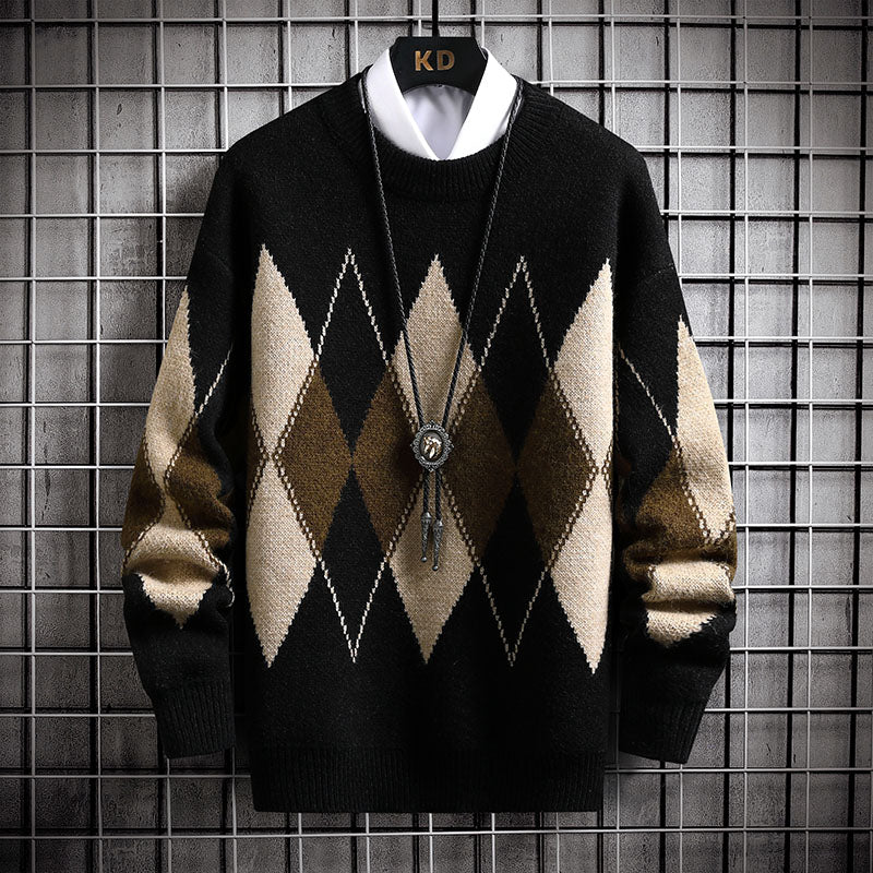 Men's Loose Plaid Round Neck Sweater Top