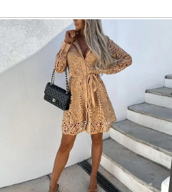 Lace Mini Dress with Tie - Gold / M / 2023 Fashion