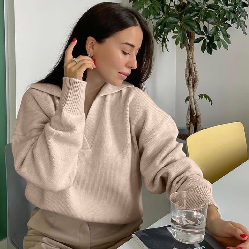 Women's Solid Color Knit Polo Neck Sweater