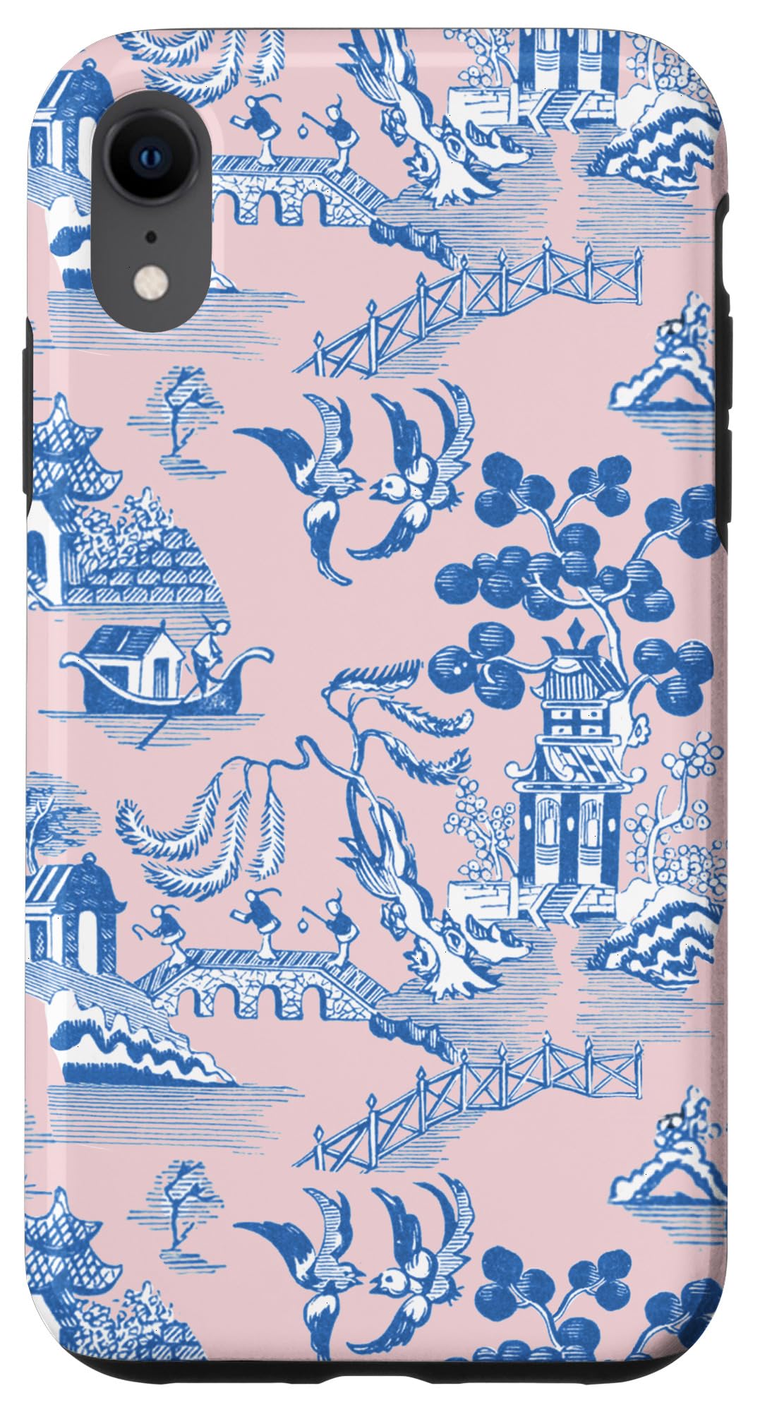 iPhone XR Preppy Blue and Pink Willow Pattern Chinoiserie Toile Case
