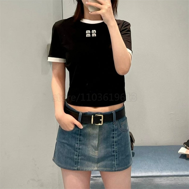 Women's White Embroidered Letter M T-Shirt 2024 SS