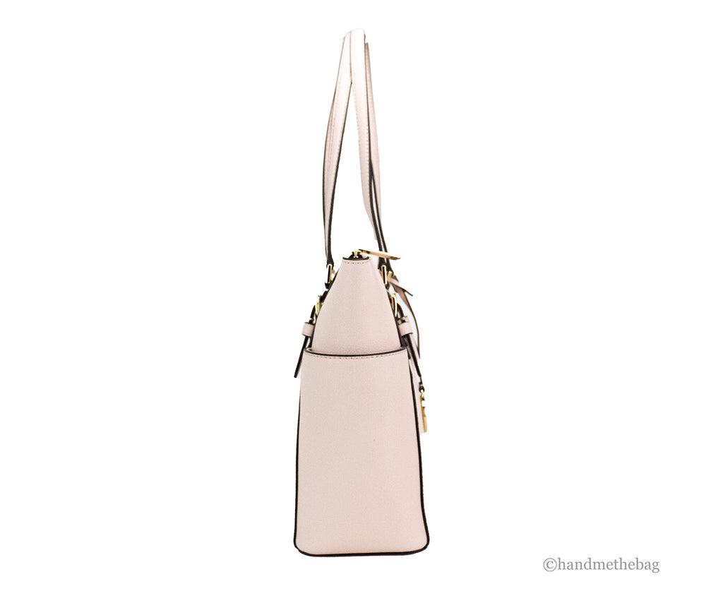 Michael Kors Charlotte Large Light Powder Blush Signature PVC Top Zip Tote Handbag
