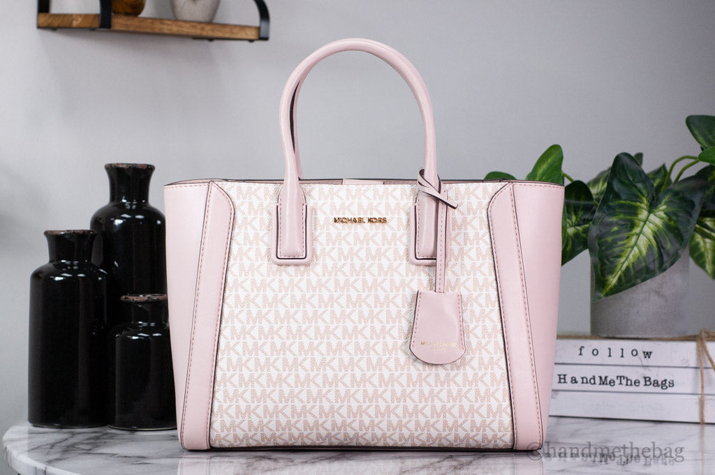 Michael Kors Kali Medium Optic White Rose Gold Signature PVC Satchel iPad Case Handbag