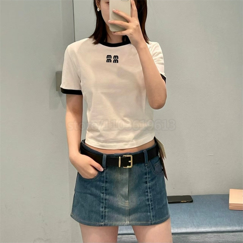 Women's White Embroidered Letter M T-Shirt 2024 SS