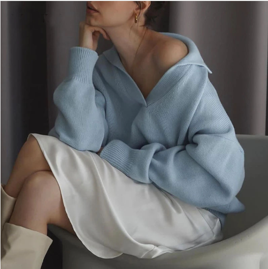 Women's Solid Color Knit Polo Neck Sweater