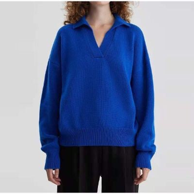 Women's Solid Color Knit Polo Neck Sweater
