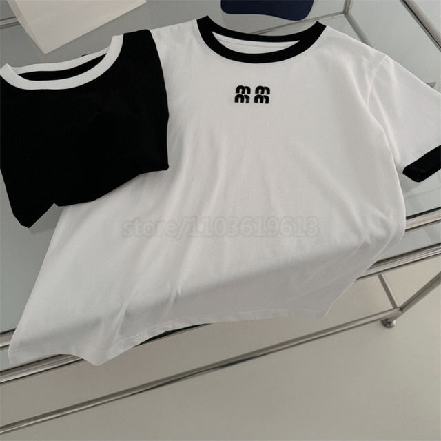 Women's White Embroidered Letter M T-Shirt 2024 SS