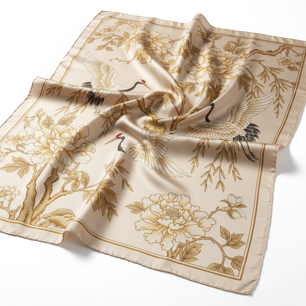 MM Chinoiserie Silk Scarf – Ivory & Gold Botanical Print