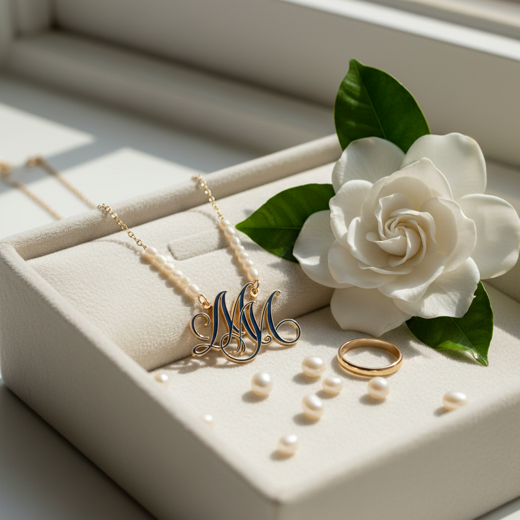 MM Pearl Initial Necklace on cream velvet tray with gardenias and pearls