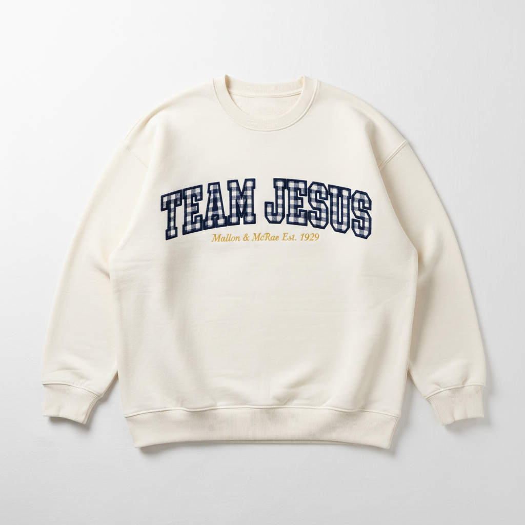 TEAM JESUS Greek Sorority Letters – Cream Gingham with MM Est. 1929 Embroidery