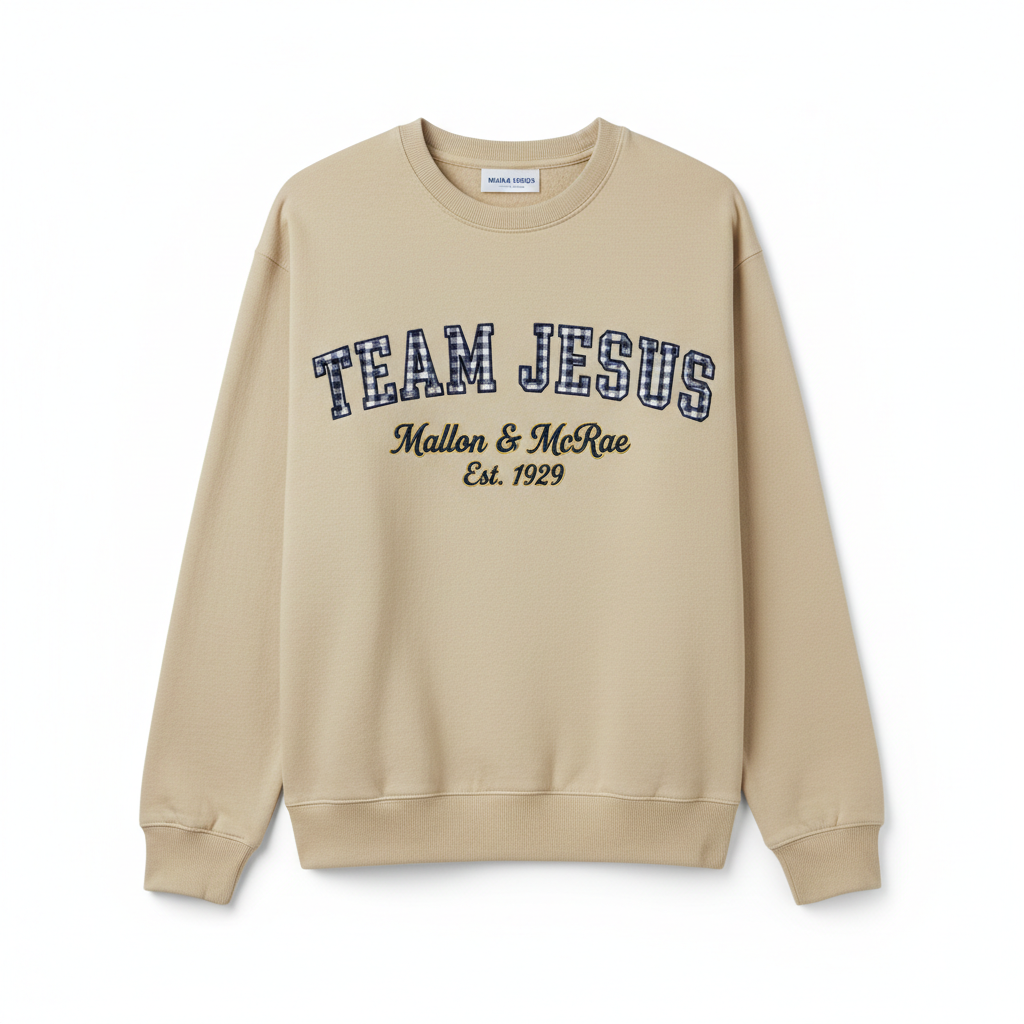 TEAM JESUS Greek Sorority Letters – Beige Sand Gingham with MM Est. 1929 Embroidery