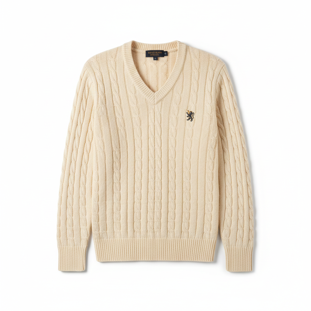 V-Neck Cable Sweater – Logo Embroidery