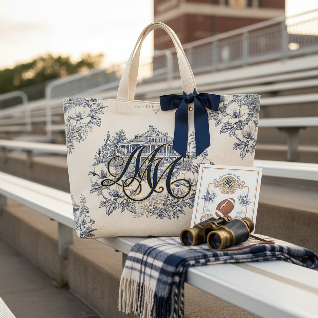 MM Toile Print Game Day Tote at stadium with navy ribbon bow