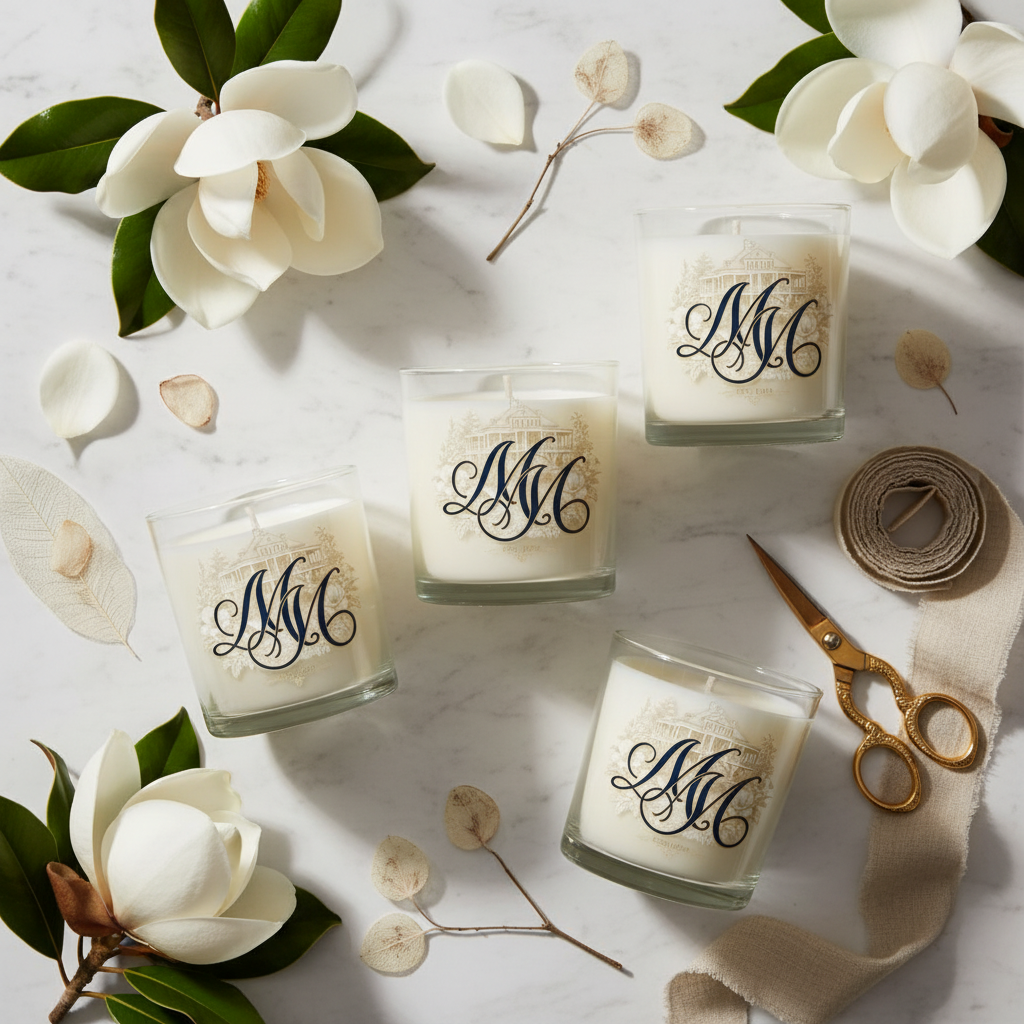 MM House Candle Collection complete set on marble with magnolias