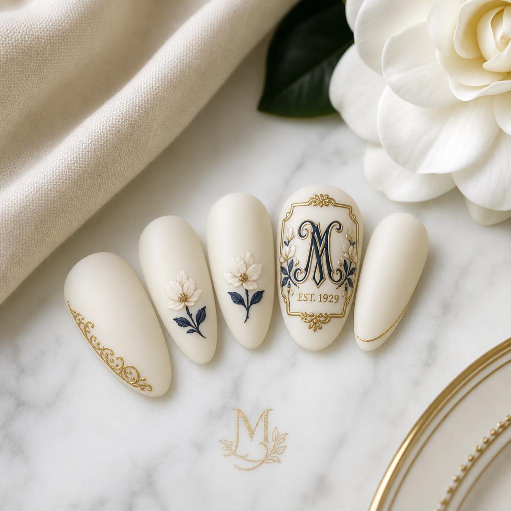 MM Signature Press-On Nails – Cream Botanical with MM Monogram Crest