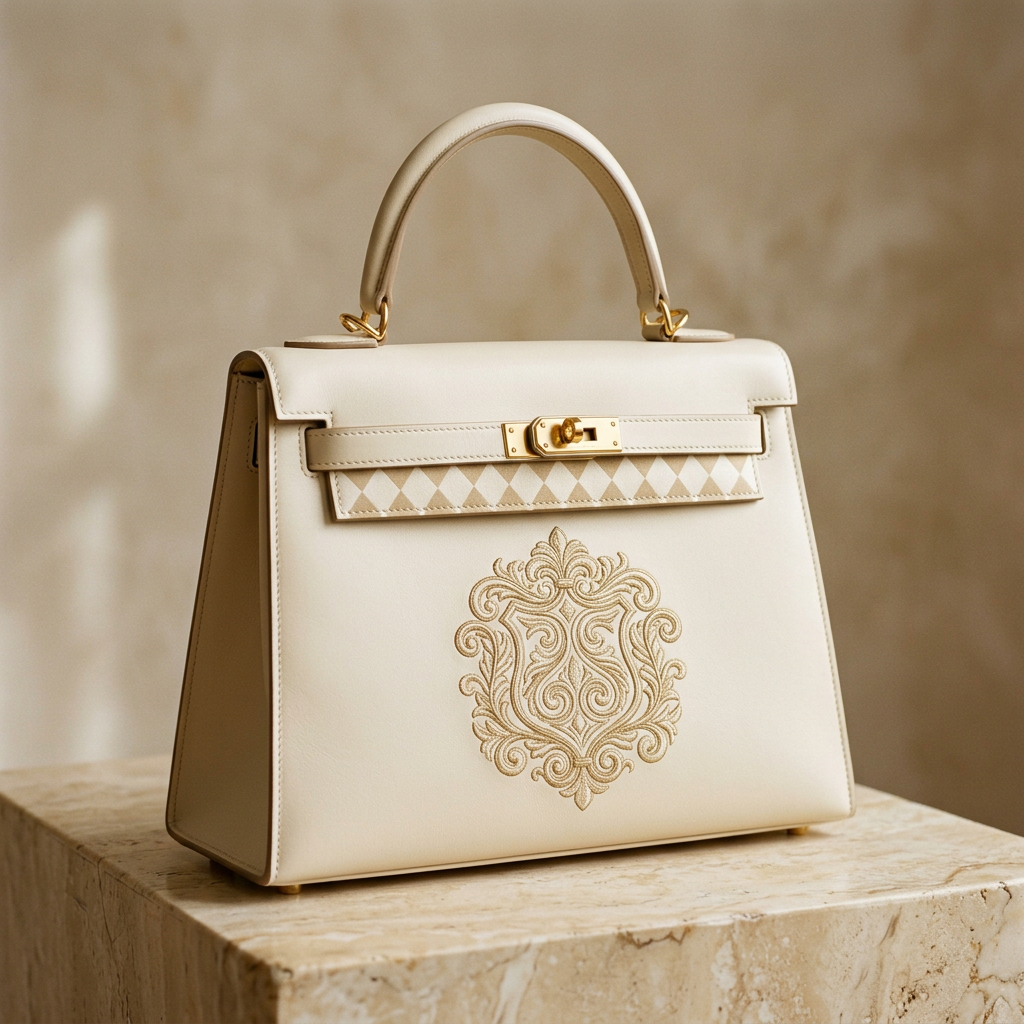 MM Garden Bag in ivory leather with gold crest embroidery
